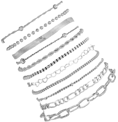 GWAWG 11 PCS Chaîne Bracelets Acier Inoxydable Femme,Twist Figaro Zag Chaîne Bracelets,Réglable CZ Fantaisie Bracelets,Ensemble Argent Or Bracelets,Serpent Figaro pour Femmes