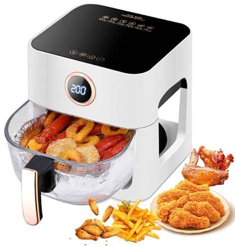 Freidora de aire caliente 5L, 1300W Freidora de aire con ventana de visión de 360°, control de tiempo y tempertura, pantalla táctil, extraíble, 6 funciones de cocción, sin BPA