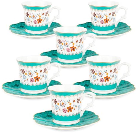 fanquare Set di 6 tazze da espresso vintage da 80 ml, 12 tazze e piattini da espresso in ceramica, tazze da caffè espresso con motivo floreale e verde per il bar di casa