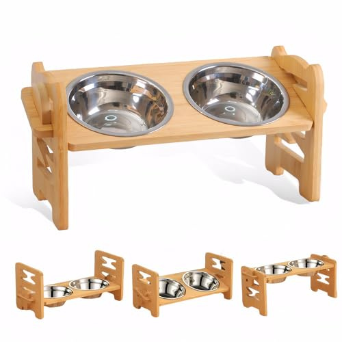 Dog Bowl,6 Level Adjustable Raised Dog Bowl with 2 Stainless Steel Bowls,Elevated Bamboo Bowls with Stand,Dogs & Cat Feeding Station with Anti Slip Feet for Small,Medium & Large Dogs or Cat