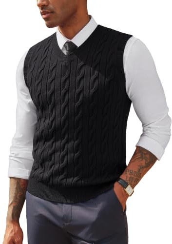 PJ PAUL JONES Chaleco de punto para hombre con cuello en V, sin mangas, suéter casual, Negro , S
