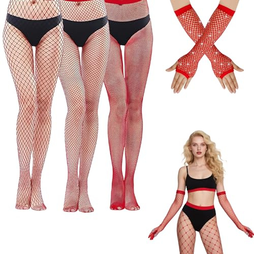 ZexJpr 4 Stück Rote Strumpfhose, 3 Netzstrumpfhose und 1 Netzhandschuhe, Fishnet Set für Cosplay, 80er Jahre Party, Halloween und Bühnenauftritte, Mittelgroße und kleine Maschen