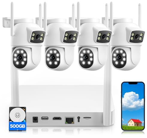 4MP Dual Lens Home Security Camera System Wireless, Security Cameras Wireless Outdoor 24/7 Record, Auto Tracking, 5G & 2.4G WiFi, Night Vision, 2-Way Audio, 360° PTZ, 10CH 4K NVR 500GB No Subscription