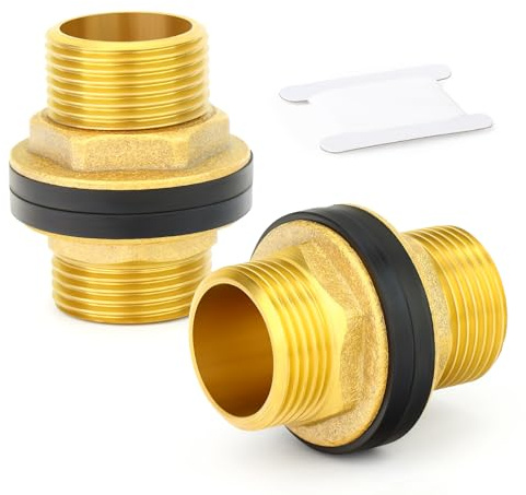 ERGAOBOY 2 pièces raccord de réservoir d'eau à Passe-cloison en Laiton, raccord fileté mâle 1 BSP avec 2 Anneaux en Caoutchouc pour citernes pluviales, Aquariums, baignoires