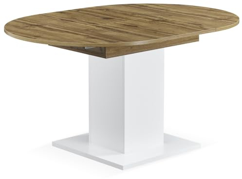 B&D home® ausziehbarer Esstisch WIM 100–140×100cm – moderner Säulentisch aus Natureiche mit weißer Mittelsäule, Holztisch für Küche & Esszimmer