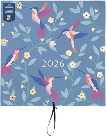 Busy B Stor väggkalender för familjen 2026 – fågeldesign med 5 kolumner och förvaringsfickor – månadskalender 2026 för upptagna familjer med färgkodade klistermärken – 30,5 x 30,5 cm