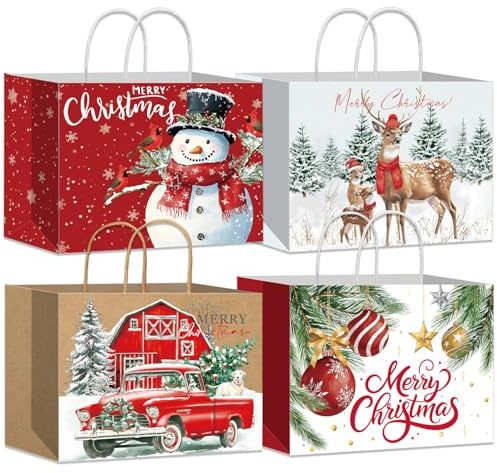 DECHISY 12 Stück Geschenktüten Weihnachten Groß xxl, Weihnachtstüten mit Griffen, Weihnachts Geschenktüten mit 4 Designs, perfekt für Weihnachten Neujahr Dekorationen, 43x32x18cm | Weihnachtspapiertüten mit Griffen, Tüten in 4 Designs für Geschenke, Feiertagsfeiern, Familiengeschenke, saisonale Verpackung