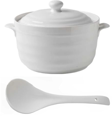 Soupière à soupe en céramique avec couvercle et louche – Bol de service blanc de 2,2 L pour restaurant et décoration de cuisine