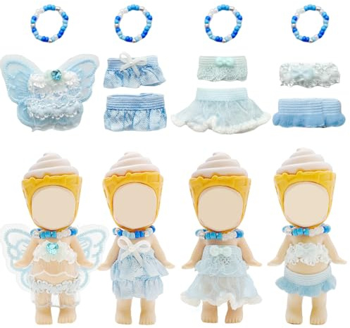 Ropa de muñeca de 3 pulgadas compatible con Sonny Angel, 4 juegos de ropa de muñeca que incluye falda superior, zapatos, collar, bonitos accesorios de exhibición y decoración para coleccionistas