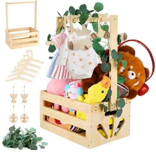 Alitree Wooden Baby Basket, Cesto Baby Shower, con Manico, Baby Ceste Portaoggetti, Regali Shower, 5 Appendiabiti per Bambini, Maniglia per Casa, Compleanno, Rivelazione Sesso, Riunioni Famiglia