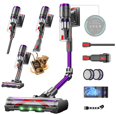 Circlio Akku Staubsauger, 600W/58000Pa/75Min, Laufzeit Staubsauger Kabellos mit Smart LED Display und Ladestation, Automatikmodus Akkusauger mit Antitanglebürste für Teppich, Hartboden und Tierhaare