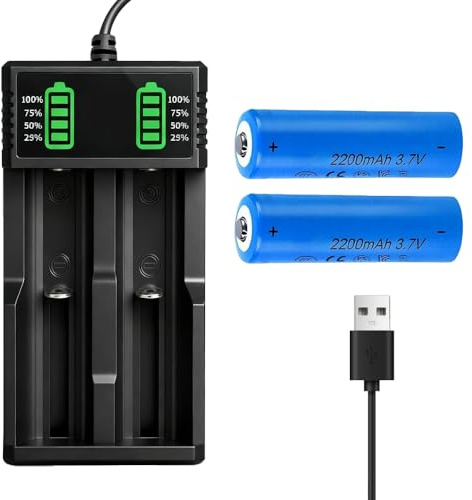 Dhqkqg Wiederaufladbarer 3,7V Akku mit Ladegerät, 2 Stück 2200mAh Wiederaufladbarer NIMH mit 1 Packung USB Akku Ladegerät, für Taschenlampe/Stirnlampen/Kamera/Kleinen Lüfter