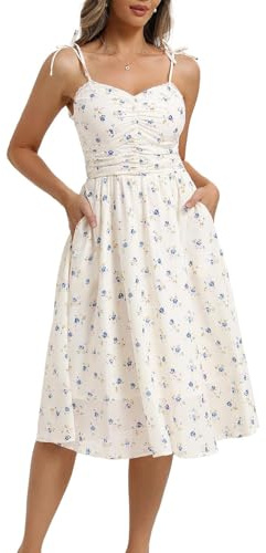 Belle Poque Women Spaghetti Straps Dress Front Ruched Back Smocked A Line Midi Floral Sundress Casual Summer Dress