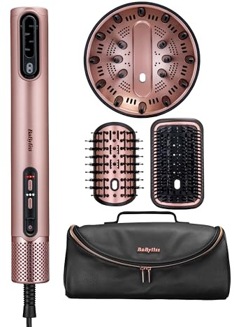 BaByliss Air Wand 4-i-1 hårfön och styler med diffuser & lyxig presentpåse, Wet-to-dry varmluftsborste med jonisk anti-frizz-teknik, styling utan värmeskador, flera inställningar. Rosa. AS6556E