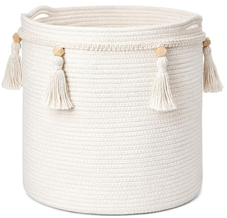 40L Aufbewahrungskorb Kinderzimmer Wickeltisch Organizer für Babys Kinder Spielzeug Korb, Bohemien Quasten-Design Korb für Geschenke, Faltbarer Wäschekorb für Decken, Kissen - 38x36cm -Weiß