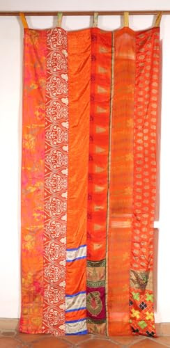 Seidiger Vorhang aus Patchwork Sareestoff, Boho Unikat, orange bunt | 100 % Polyester, blickdicht und lichtdurchlässig, einzigartiges Design, ideal für Fenster und Türen, zauberhaftes Farbspiel