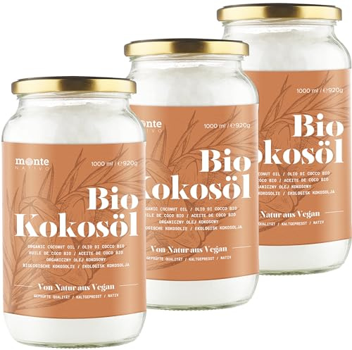 Monte Nativo Bio Kokosöl 3x1000ml Schraubglas - Kokosnussöl naturrein | Bio Kokosfett, Bio,Premium, Nativ, 1. Kaltpressung, Rohkostqualität - zum Kochen, Braten und Backen, für Haare und Haut