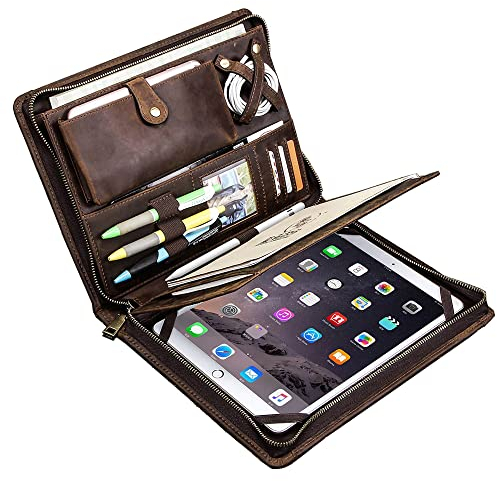 Dokumentenmappe, handgefertigt, Vintage, echtes Rindsleder, Reißverschluss, für iPad Pro 9,7 Zoll / 10,5 Zoll / 11 Zoll, Brieftasche, Größe A4, Braun