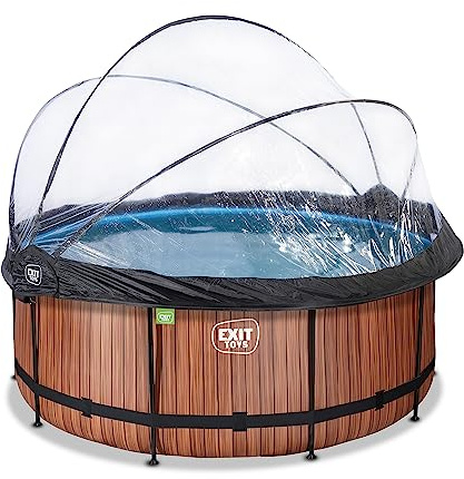 EXIT Toys Wood Pool con Cubierta Multifuncional - ø360x122cm - Piscina de Marco Redondo con Bomba de Filtro de Arena y Escalera de Piscina - Piscina Extra Profunda - Para Agua Limpia y Cálida - Marrón