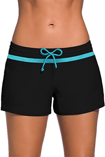 Kfnire Badeshorts Damen Eingebautes Futter Bikini mit Shorts Schnell Trocknend UV-Schutz Kurze Sporthose Badehose (Schwarz+Blau,S)