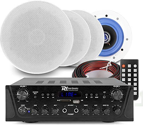 Power Dynamics 2-Zone Bluetooth Ceiling Speaker System – PV220BT Amplifier & 4x ESCS5 5.25-Inch Flush Mount Speakers for Home Audio, Office & Commercial Multiroom Sound Installation Kit