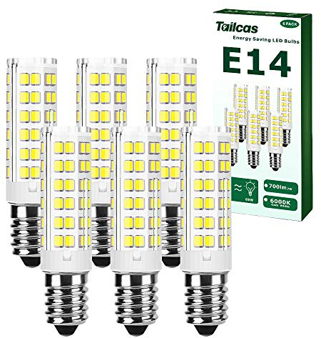 Tailcas E14 Led Kaltweiß Birne, 5W 6000K E14 Lampen Ersatz für 50W Halogenlampen, 15.1 x 65 mm, 500Lm, AC 220-240V, Nicht Dimmbar Kein Flackern Led Leuchtmittel, für Küche, Wohnzimmer (6 Stück)