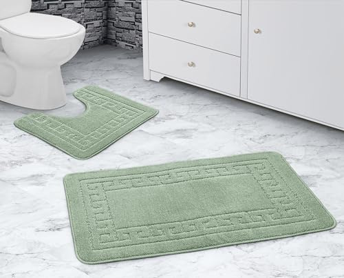 La Maison Lot de 2 tapis de salle de bain antidérapants et tapis contour WC à séchage rapide Motif clé grecque Vert sauge