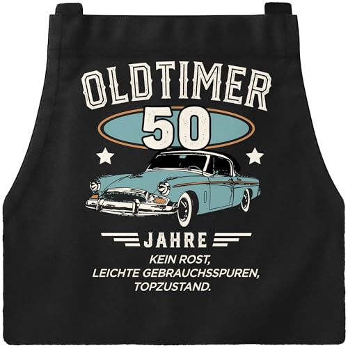 MoonWorks® Grill-Schürze Kochschürze Oldtimer Geburtstag Retro Design Print Vintage Auto Geburtstagsgeschenk für Männer
