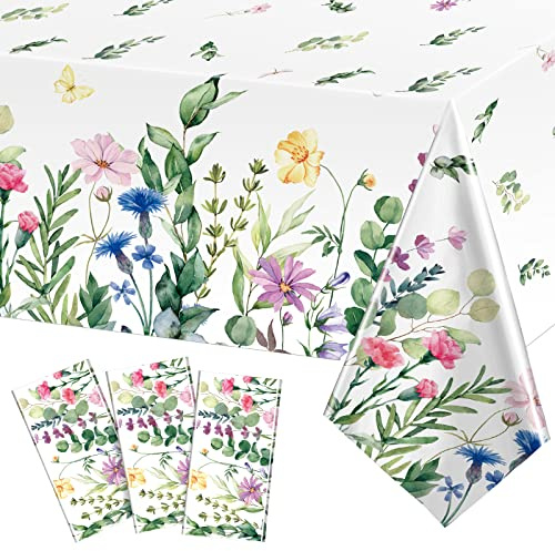 Breling 3 Pieces Wildflower Tablecloths Watercolor Floral Table Cover Wild Flower Plastic Tablecloth for Holiday Birthday Tea Party Weeding Baby Shower Decor, 54 x 108 Inch (Vivid Style)