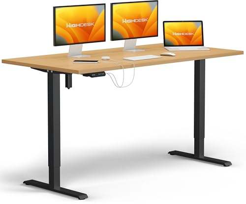 KRIEG HighDesk SMART Höhenverstellbarer Schreibtisch 160 x 80 cm I Schwarz + Buche - Elektrischer Sitz- & Stehtisch mit Tischplatte - Stehschreibtisch Elektrisch Höhenverstellbar