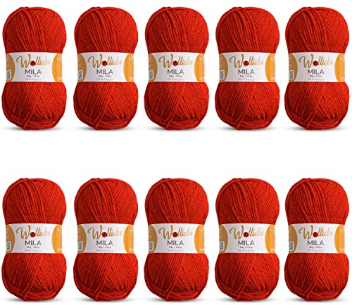 Wollidu Mila Garn zum Häkeln und Stricken 10 x 50g/133m Strickgarn 100% Polyacryl Häkelgarn Feuer Rot