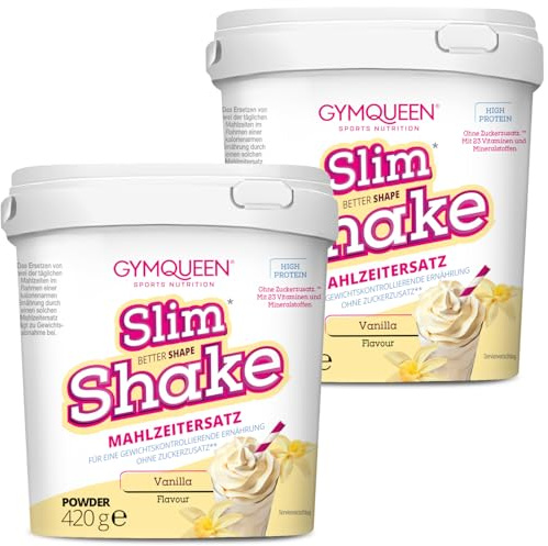 GymQueen Slim Shake, Vanille, 2 x 420 g | Mahlzeitenersatz mit 21 g Protein pro Portion, cremig, ohne Zuckerzusatz, mit Vitaminen und Mineralstoffen