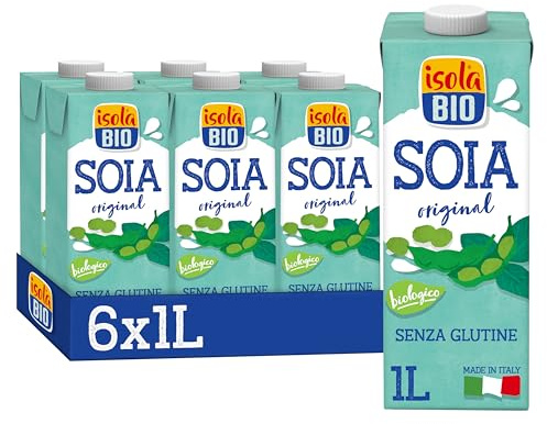 Isola Bio - Pack de 6 Unidades de 1 L de Bebida Ecológica Vegetal de Soja - Sin Azúcar Añadido y Libre de Gluten - Apto para Veganos - Ideal para Tomar Sola, con Café o en Batidos