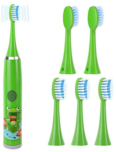 Pwsap Electric Toothbrush Children 3-12 Years Old, Dental Care Toothbrush Oral Care Silent Waterproof Battery Children's Electric Toothbrush with 5 Brush Heads, Boys & Girls, Green