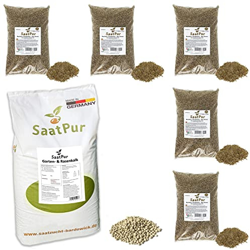 SaatPur® Set aus 20 kg Rasenkalk und 5 x 1kg Rasensamen Berliner Tiergarten Dürreresistent, Gartenkalk gegen Moos und saure Böden, Rasen für ca. 200 m², Mehrjähriger Gebrauchsrasen