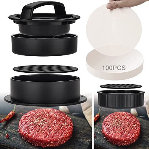 TOUWMX 3-in-1 gefüllte Burgerpresse, Hamburgerpresse, Hamburger-Presse, Patty-Maker für gefüllte Burger, Rindfleisch, Veggie-Burger, Slider, Burger-Patty-Form mit 100 Stück Patty Wachspapier