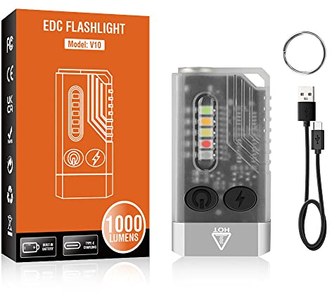 Aedcbaide Lampe de poche V10, mini lampe de poche EDC 1000 lumens avec lampe de poche UV 365 nm LED super lumineuse rechargeable puissante avec buzzer pour camping, randonnée, urgence