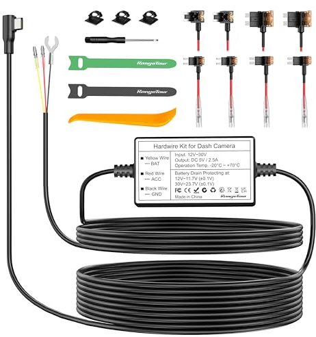 Range Tour Dash Cam Hardwire Kit USB-C, 4m/13.12ft 12V-24V to 5V 2.5A Car Dash Camera Charger Power Cord, 3 cores, 4 Types/8 adapters and 6 fuses, Hard Wire Kit Fuse for Dash Cam