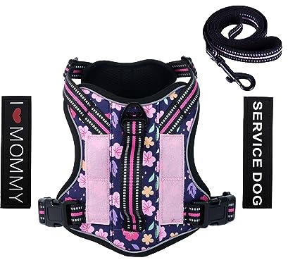 Foxyep Taktisches Hundegeschirr, MOLLE-Weste mit Griff für mittelgroße Hunde, kein Ziehen, verstellbares Haustiergeschirr, reflektierender Riemen, mit Hundeleine, Set (M,Blaues Blumenmuster)