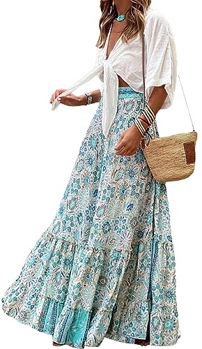 Women Casual Boho Long Skirt Vintage Floral Print Bohemian Style Half Dress Elastic Waist Flowy Swing Midi Skirt Summer Spring (Za-Blue Flower, M)