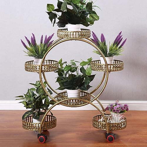 DECORN Pflanzenständer für Drinnen und Draußen Hohes Metalltopfregal mit 6 Tabletts und Rollen Rundes Pflanzenständer mit Mehreren Pflanzenstützen für Pflanzkübel, Balkon, Terrasse,Bronze