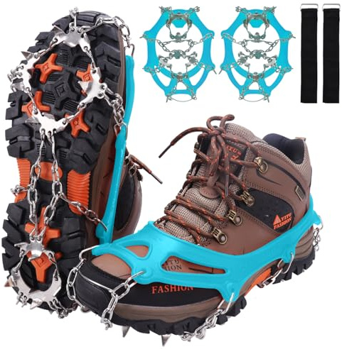 WIN.MAX Steigeisen Grödel Eisspikes, Schuhkrallen mit19 Edelstahl Zähne Spikes Schuhkrallen Grödeln Eisspikes für Klettern Bergsteigen Trekking High Altitude Winter Outdoor (Blaugrün, XL)