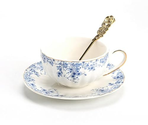 TAMTAK Service à thé de l'après-midi de Style Anglais, théière à Fleurs, Tasse à thé en Verre, Tasse à café et Soucoupe en Porcelaine Bleue et Blanche