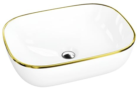 LAVITA Aufsatzwaschtisch Costa Gold Line Aufsatzwaschbecken Rechteckig Waschbecken ohne Überlauf und Hahnloch Aus hochwertigem Porzellan Waschtisch Badkeramik Waschplatz 46x32,5x13,5cm Weiß/Gold