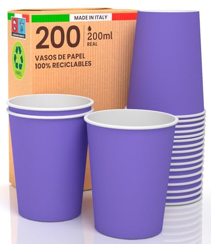 200 vasos de papel de 200 ml ecológicos biodegradables desechables, fabricados en Italia, para transportar bebidas calientes de agua de colores violeta, fabricado y empaquetado en Italia