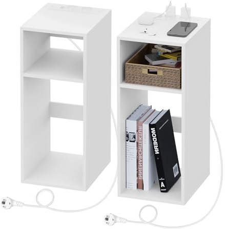 WOLTU Uppsättning av 2 nattduksbord, nattduksbord med laddningsstation, 2 uttag och 2 USB-portar, vita sidobord med 2 öppna fack, för vardagsrum och sovrum, NTS06ws-2