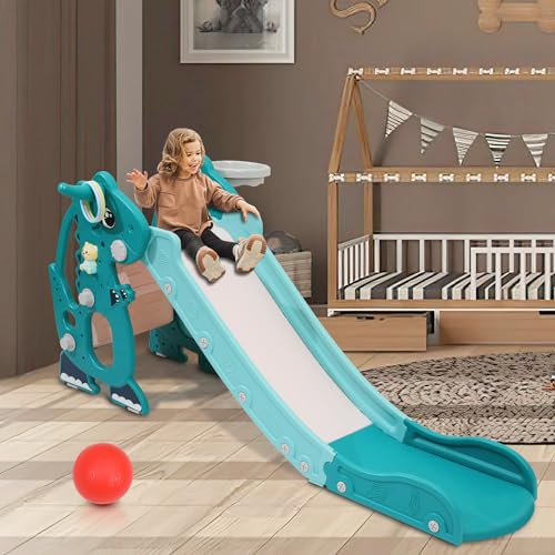 Fiqops Rutsche, Kinderrutsche 4-in-1 Faltbar,Kinder Fun Slide mit Basketballkorb,Rutsche Indoor ab 1 Jahr-3 Jahre,Kinder Rutsche Indoor und Outdoor,Baby Rutsche 145 x 38 x 67 cm,bis 35KG(Grün)