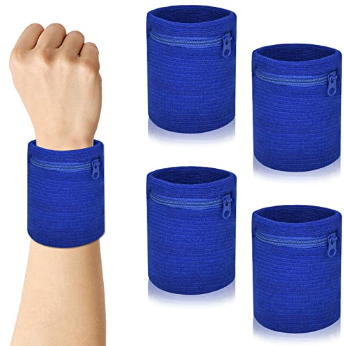 DEARBAG Handgelenk Schweißbänder mit Reißverschlusstasche, 4 Stück Sport Wristbands Baumwolle Absorbierende für Damen Herren, Fitness Arm Schweißband für Handball Tennis Basketball (Blau)