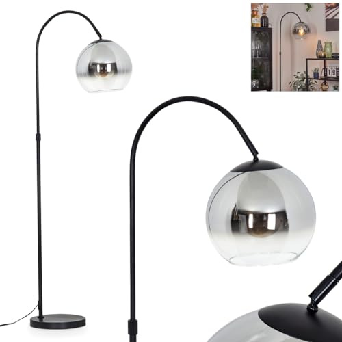 Stehleuchte Koyoto, Stehlampe aus Metall/Glas in Schwarz/Chrom/Rauch/Klar, Leuchte im Retro/Vintage/Industrial-Design mit Schirm aus Glas (Ø 25cm) u. Fußschalter, Höhe 141cm, 1x E27, ohne Leuchtmittel