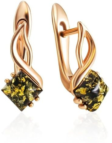 Kleine Rose Gold vergoldete Sterling Silber 925 Ohrringe mit echtem grünem baltischem Bernstein; Hergestellt in Deutchland; XS